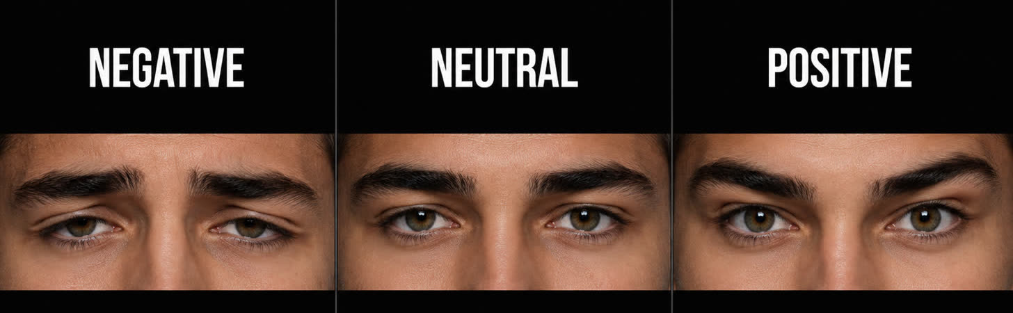 Close-up of the same man's eyes shown three times — negative canthal tilt with outer corners lower, neutral level, and positive with outer corners lifted