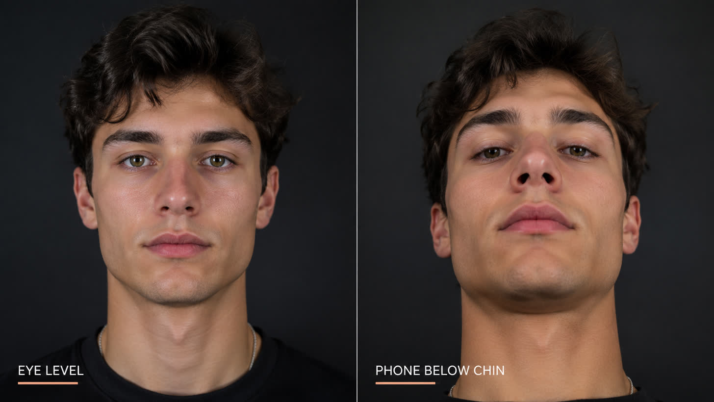 The same man photographed twice — at eye level his eyes look balanced, and from a phone held below the chin the wide-angle distortion makes the outer eye corners appear to droop into a false negative tilt