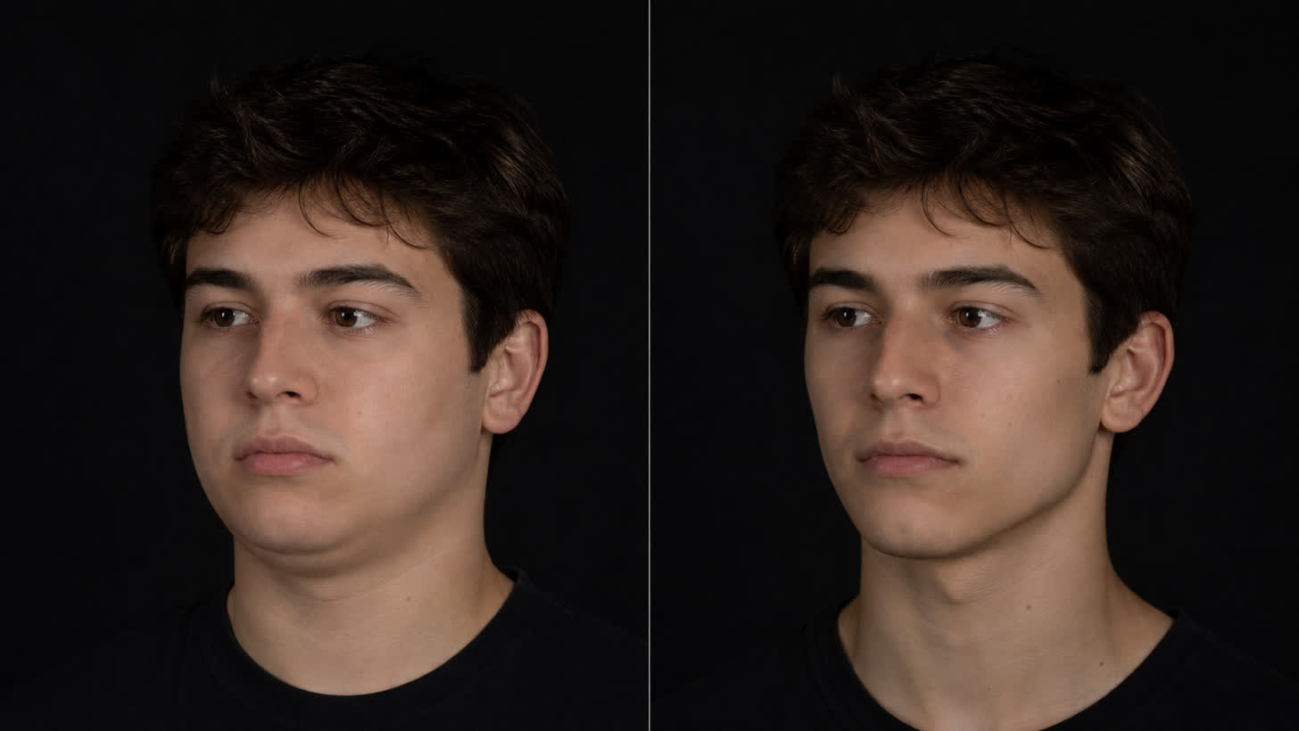 Split before and after editorial image of the same young man — bloated, puffy face with hidden jawline on the left, and debloated with visible jaw and cheekbone definition on the right