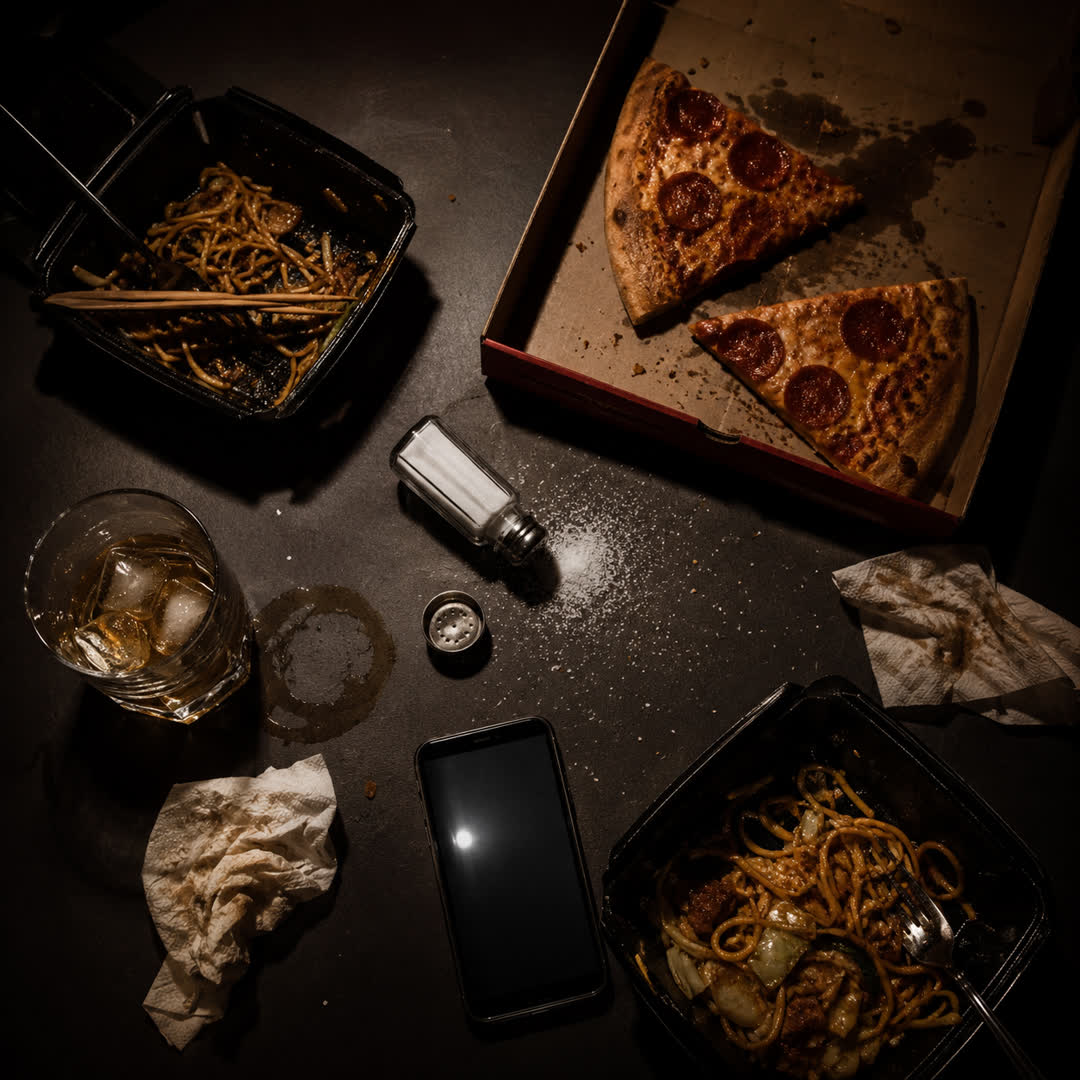Overhead photograph of a late-night table — half-eaten takeout, leftover pizza, a tipped salt shaker, a half-finished whisky glass, and a phone glowing at 2:47 AM — the night that causes a bloated face the next morning