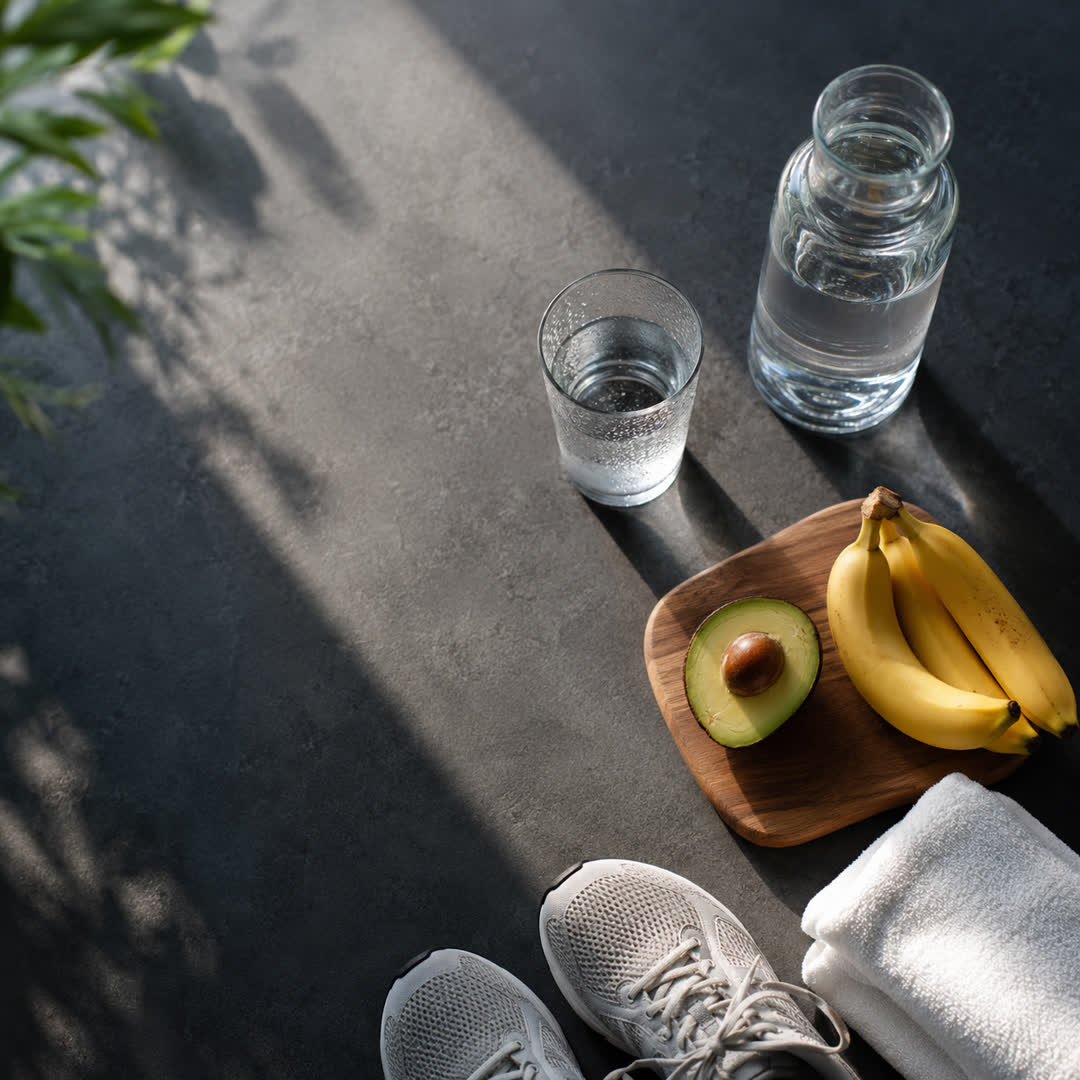 Overhead photograph of the same table the next morning, reset — a tall glass of water and carafe, bananas and a halved avocado, a folded towel, and running shoes in soft daylight — the 72-hour debloat protocol as a morning routine