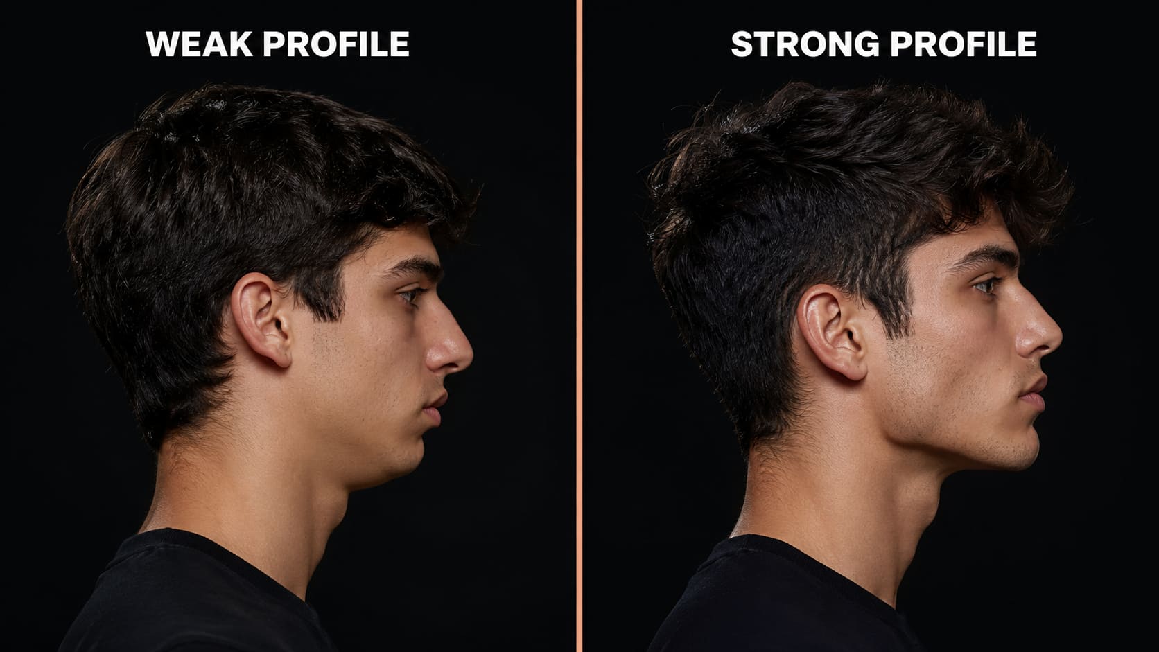Split comparison image showing a weak side profile on the left — recessed chin, undefined jaw angle, no separation between jaw and neck — versus a strong side profile on the right with sharp chin projection, defined jaw angle, and a balanced nose