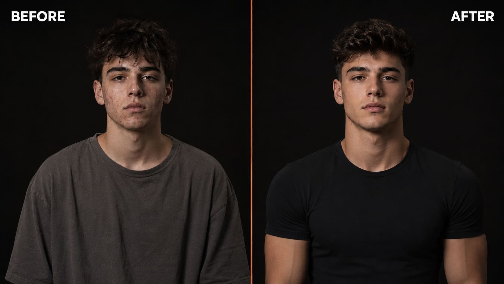Split before and after editorial image showing a young man before soft maxxing on the left — unkempt skin and hair — and after soft maxxing on the right, with clear skin, clean haircut, better posture and fitted clothing, same person
