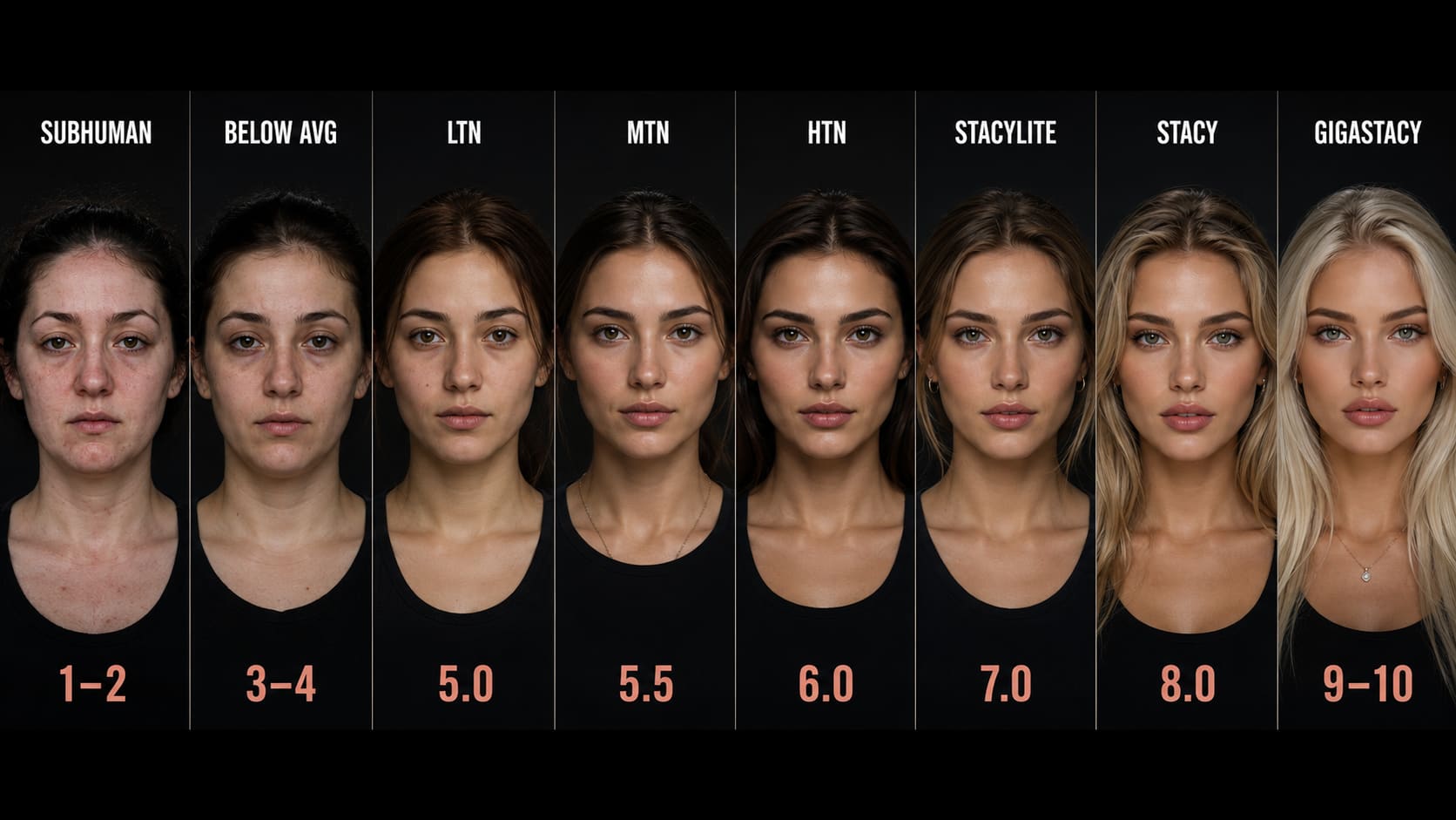 Female looksmaxxing tier chart showing eight female faces from Subhuman (1–2) through Below Average, Low Tier Normie (5.0), Mid Tier Normie (5.5), High Tier Normie (6.0), Stacylite (7.0), Stacy (8.0), to Gigastacy (9–10), on a dark background with tier labels above and scores below each face