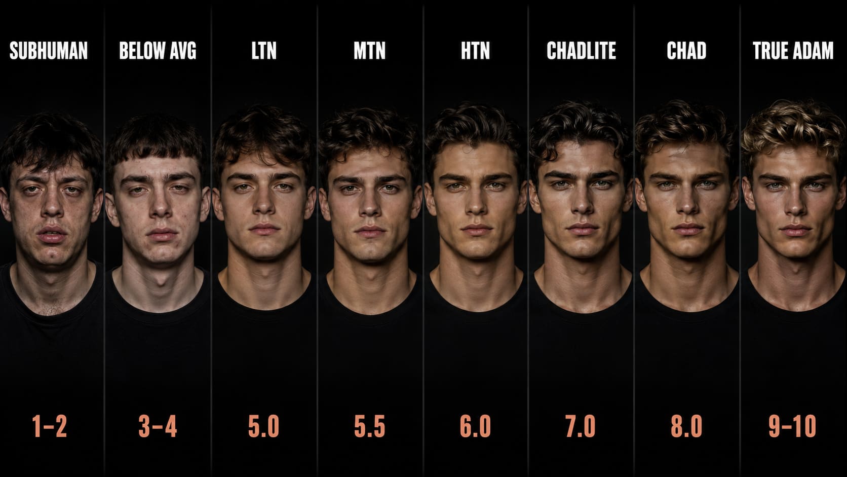 Male looksmaxxing tier chart showing eight male faces from Subhuman (1–2) through Below Average, Low Tier Normie (5.0), Mid Tier Normie (5.5), High Tier Normie (6.0), Chadlite (7.0), Chad (8.0), to True Adam (9–10), on a dark background with tier labels above and scores below each face